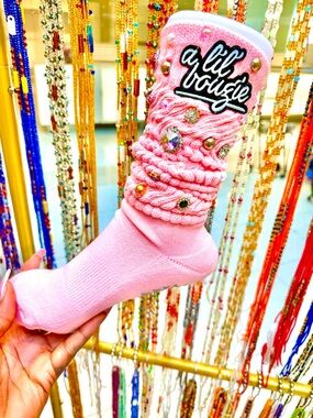 Embellished Pink Slouch Socks with Jewel Accents